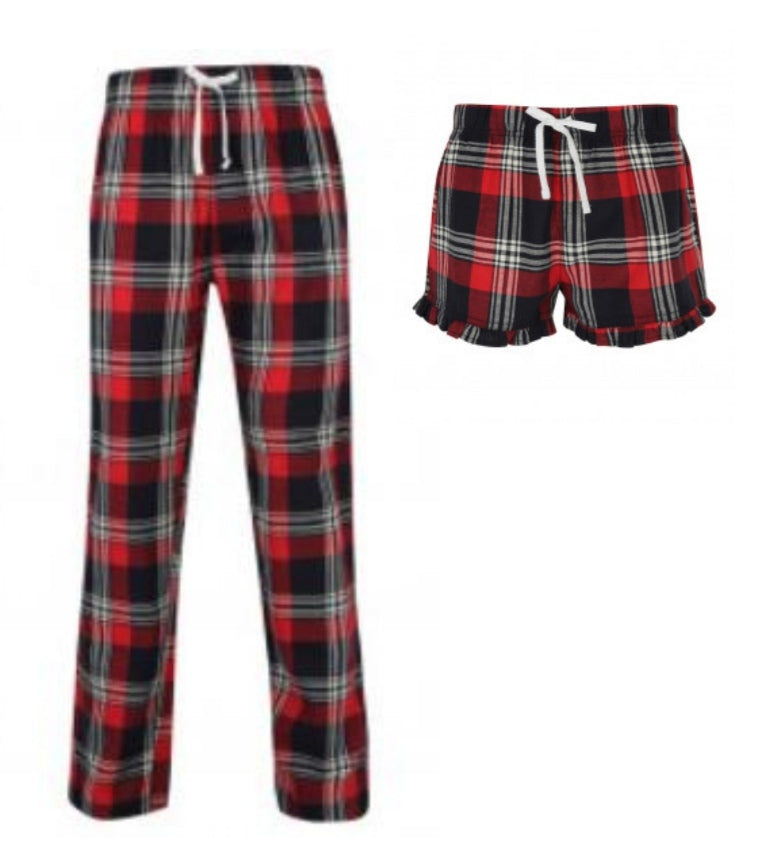 Men's PJ Pants & Women's PJ Shorts Matching Red Tartan Set For Couples